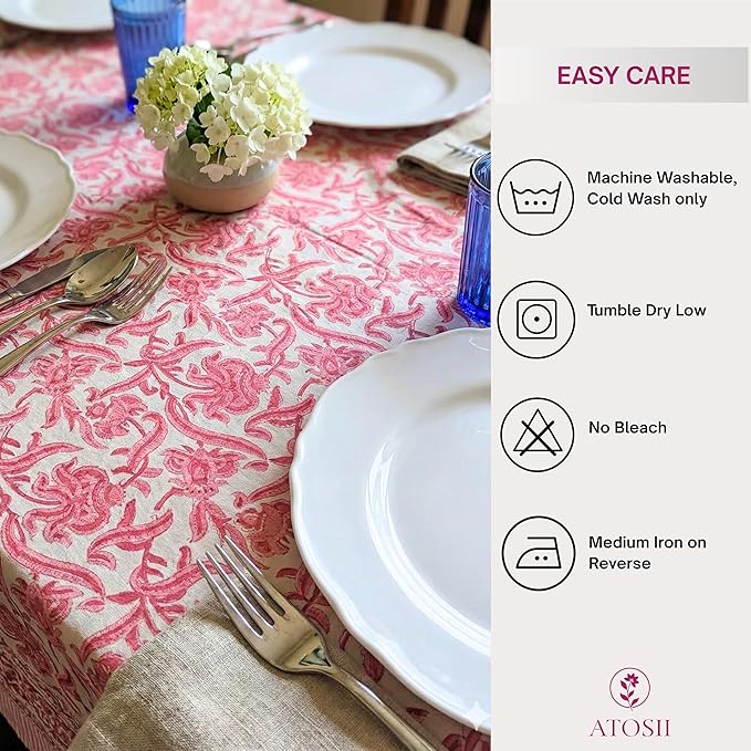 ATOSII Red Bloom 100% Cotton Tablecloth, Handblock Print Rectangle Table Cover for Kitchen Dining I Tabletop Linen I Parties, Wedding, Spring Summer Table Cloth 60 X 90 Inches