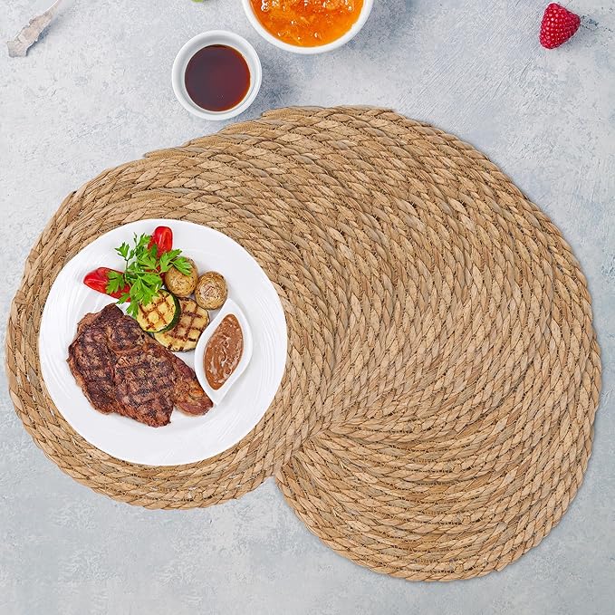 GENMOUS Woven Placemats Set of 6, 12" Round Placemats Natural Water Hyacinth Boho Placemats, Farmhouse Rattan Chargers for Dinner Plates, Rustic Braided Wicker Table Mats for Dining Table,Home,Wedding