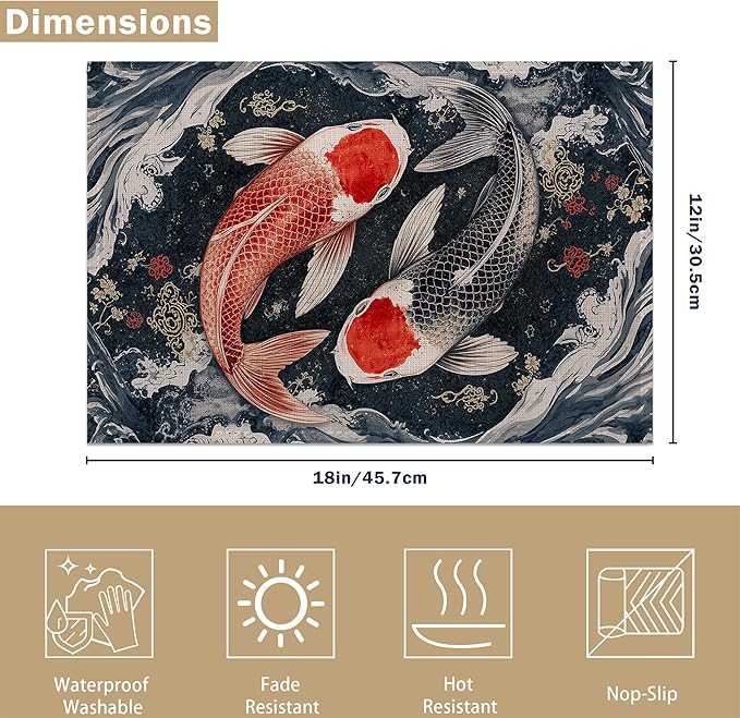 Placemats, Janpanese Koi Fish Placemats 12x18 Inch Waterproof Non-Slip Washable Table Mats for Kitchen Dining Party Table Decor,Set of 6