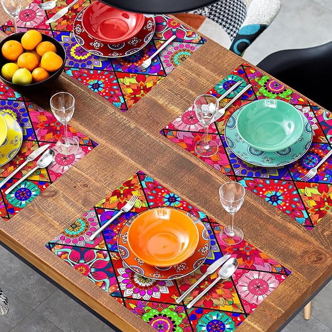 Boho Placemats Set of 4 - Bohemian Flowers Place Mats 12x18 Colorful Floral Table Mats Kitchen Mats for Party Dining Table
