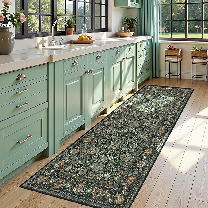 Runner Rugs 3x8 Boho Washable Area Rugs for Entryway Bathroom Kitchen, Long Rugs for Hallway Soft Low Pile Non-Slip Rubber Backing Oriental Dark Green