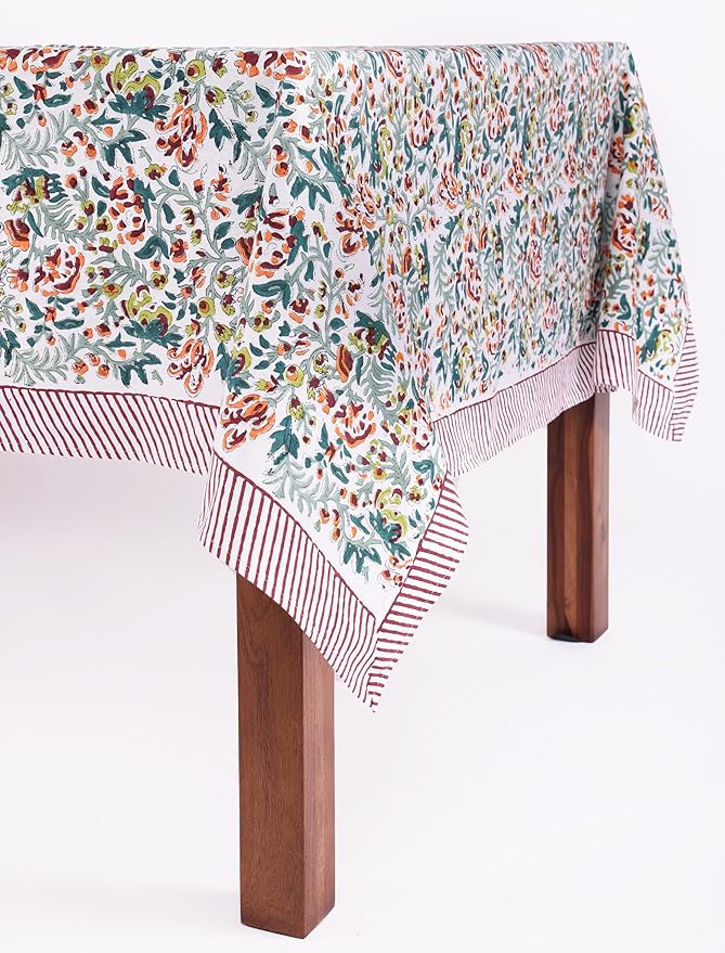 ATOSII Ambrosia Green 100% Cotton Rectangle Fall Tablecloth, Handblock Floral Print Linen Table Cloth for Kitchen Dining I Parties, Outdoors, Christmas, Thanksgiving I 72 X 140 Inches I 12 Seater