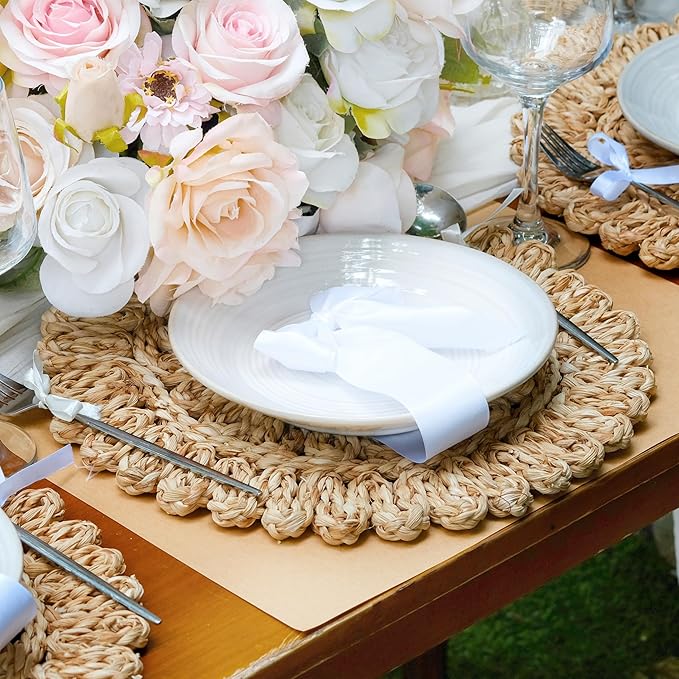13.8" Corn Husk Woven Round Placemats Set of 4 - Wicker Boho Farmhouse Placemats - Rattan Table Mats for Dining Table, Wedding, Home