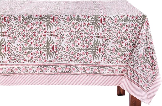 ATOSII Nargis Pink 100% Cotton Rectangle Boho Spring Tablecloth, Handblock Floral Table Cloth Linen for Kitchen Dining I Parties Wedding Outdoors Easter Holidays Home Decor 60 X 90 Inches I 6 Seater