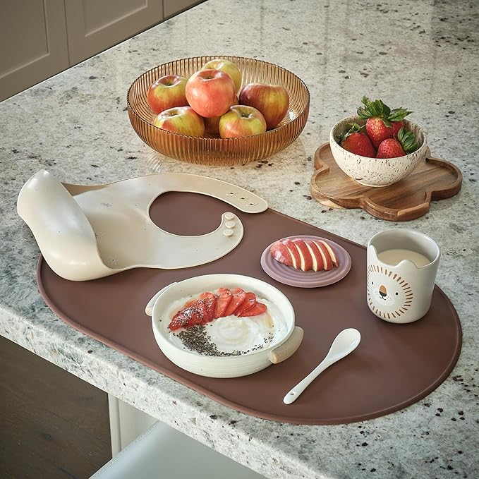 LINE+ARC Waterproof, Stain-Resistant, Heat-Safe Silicone Degrē Placemats (20.5x13, Set of 2 Terracotta) 3mm-High Rim Adults Babies Easy-to-Clean Washable Oval Modern Non-Slip Dining Table Mats