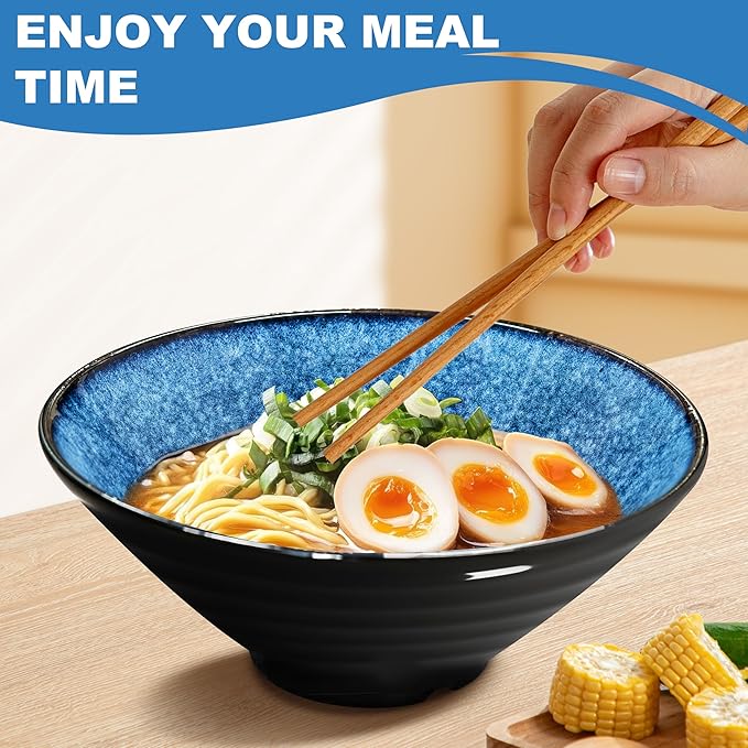 9.4-Inch 2 Sets Ceramic Ramen Bowl (8 Piece) - Japanese Porcelain Dishwasher Microwave Safe Salad Noodles Cereal Pasta Soup Large Bowls with Chopsticks Forks Spoons for Men Women Housewarming Gift