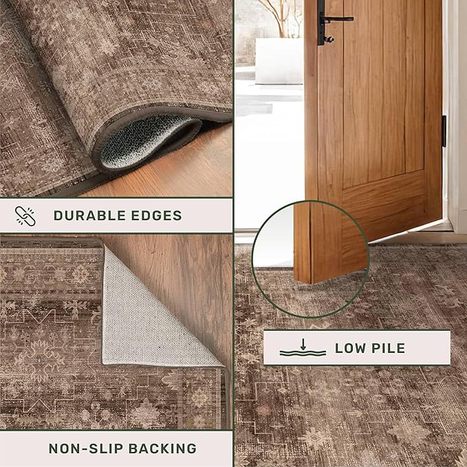 Boho Taupe Brown 4x6 Living Room Rug - Modern Traditional Oriental Neutral, Washable Low Pile Non-Slip Small Area Rugs for Entryway, Bedroom, Foyer, Mudroom