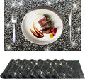Black Placemats Heat Resistant Square Mat Set of 8 - Dark Trivets With Rhinestone Decor, Crushed Diamond Bling Sparkly Place Mat