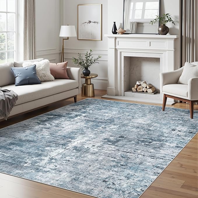 Abstract Rug 5x7 Machine Washable Area Indoor Blue Low Pile Non-Slip Foldable Thin Accent Rugs for Bedroom Living Room Dining Room