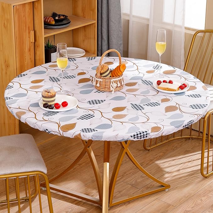 Walrus Round Vinyl Fitted Tablecloth with Flannel Backing Elastic Edge Design Table Cover Waterproof Oil-Proof PVC Table Cloth Stain-Resistant Best for 45"-56" Round