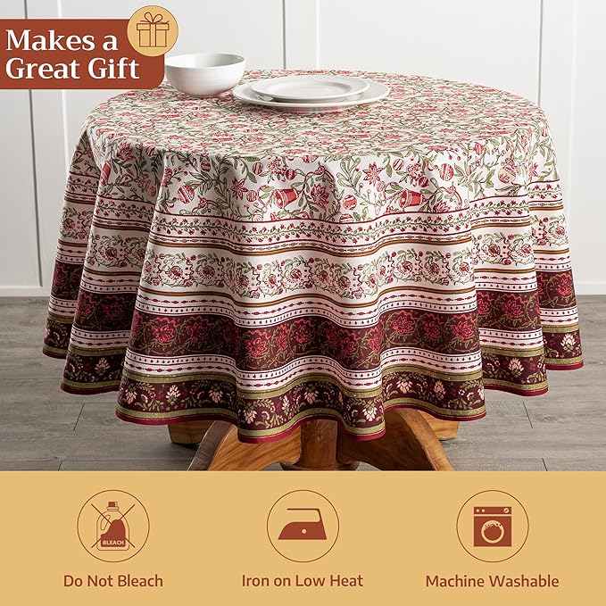 Maison d' Hermine Table Cloth Round Table 100% Cotton 63 Inches Fall Tablecloth Reusable Everyday Use for Thanksgiving Christmas Decorations Dining Farmhouse Party (Reveillon Au Jardin)