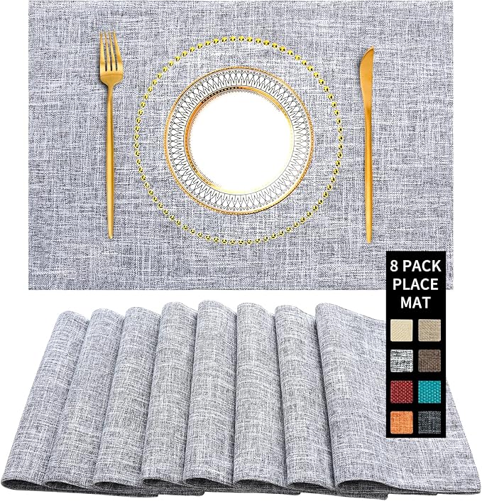 Cloth Placemats Set of 8, Double Thickened Washable Dining Table Mats Place Mats Indoor/Outdoor Linen Place Mats for Dinner Table Durable Table Mats Easy to Clean(Silver Gray)