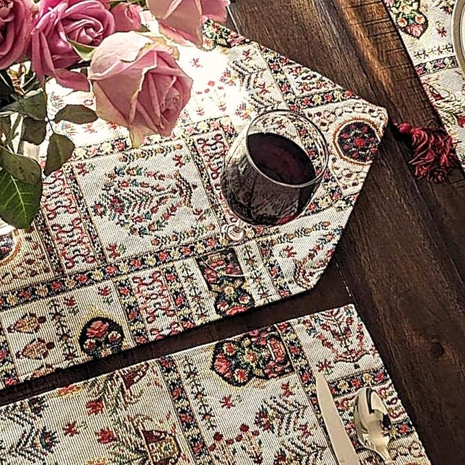 DaDa Bedding Elegant Floral Tapestry Placemats - Set of 4, Mughal-Inspired Woven Cotton Linen Dining Mats, Multi-Colored Vintage Garden Design - 13” x 19
