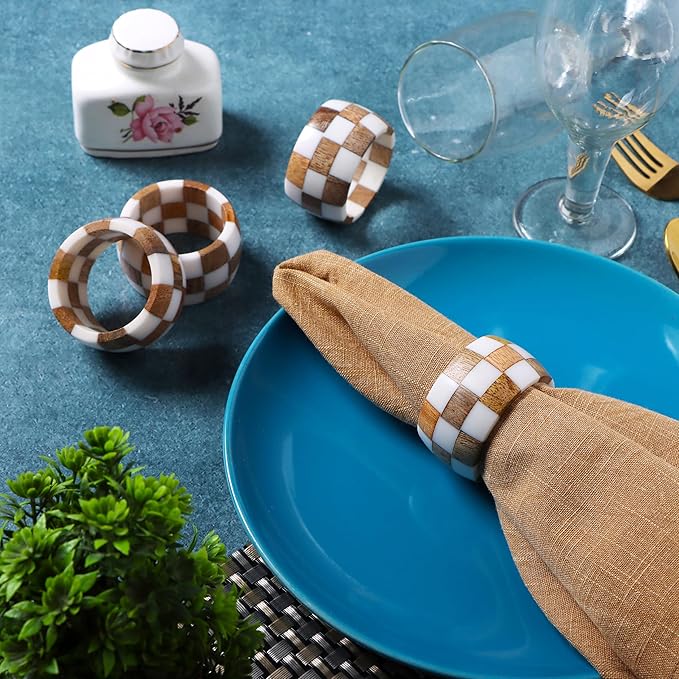 ALPHA Living HOME Rustic Napkin Rings Setof 12 - Handmade Epoxy & Wood Napkin Holders for Table Decor, Wedding, Easter, Thanksgiving, Party & Dining – Modern Farmhouse Accessories (Brown Cream)