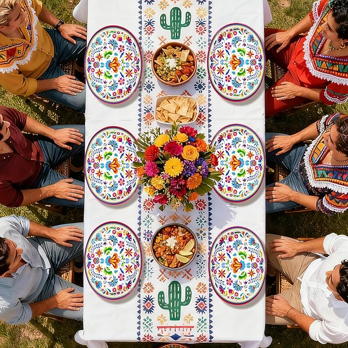 50Pcs Mexican Fiesta Oval Paper Plates 10" x 12" Large Disposable Heavy Duty Colorful Mandala Floral Party Plates Cinco De Mayo Dessert Platters for Taco Tuesday Birthday Party Supplies Decor