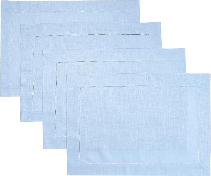 D'Moksha Homes Powder Blue Linen Cloth Placemats Set of 4-100% Pure Linen Hemstitch Placemats 14 x 19 Inch - Classic Hemstitch Table Place Mats for Spring, Easter - Handcrafted and Machine Washable