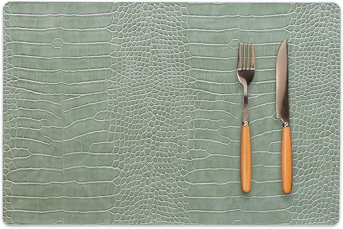 Jovono Faux Leather Placemats Set of 4, Waterproof Heat Resistant Dinner Place Mats for Dining Table, Non-Slip Crocodile Embossed, Green (17.8x11.8 Inch)