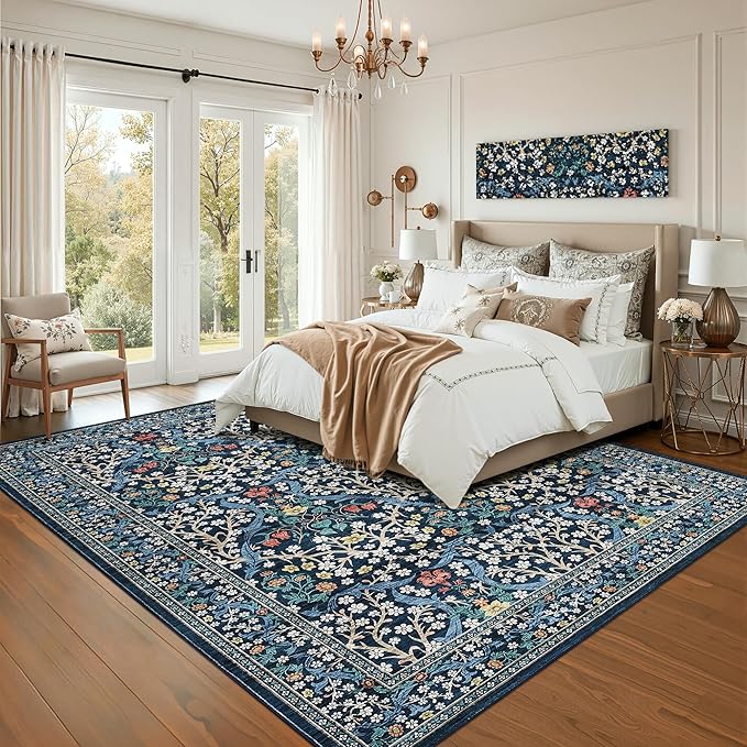 GarveeHome Floral Area Rugs 5x7, Dark Blue Washable Rug for Living Room, Bedroom, Low Pile Non Slip Stain Resistance Indoor Boho Carpet Mat for Farmhouse, Dining Room, Office