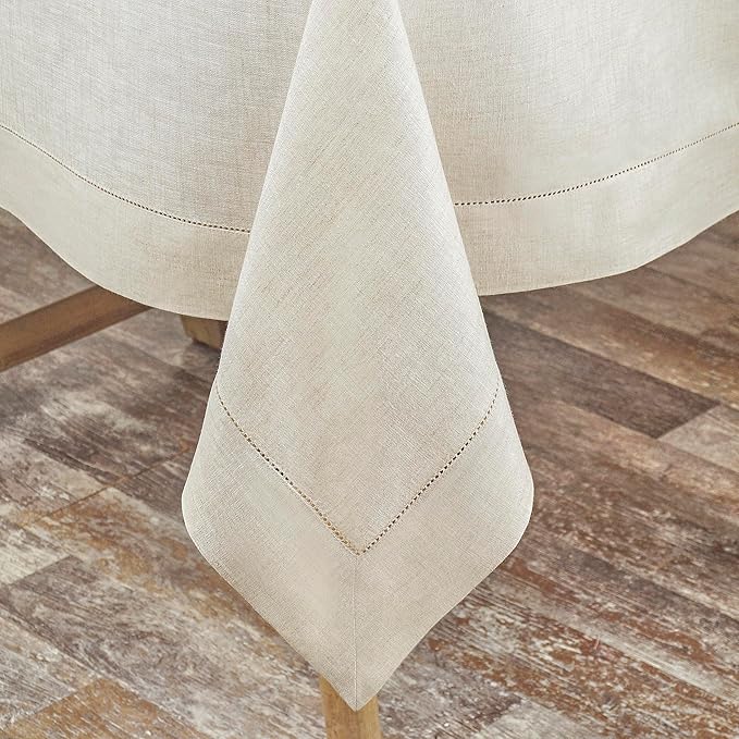 D'Moksha Homes Light Natural Linen Tablecloth for Rectangle Tables 60 x 90 Inch - 100% Pure Linen Natural Table Cloth - Classic Hemstitch, Machine Washable Tablecloth for Valentines, Spring, Easter