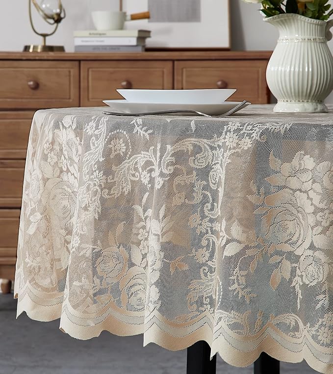 Warm Home Designs 90 Inch Round Tablecloth with English Rose Design. Use as Circle Tablecloth, Rustic Tablecloth or as Elegant Lace Table Cloth. Linen Gold Table Clothes for 6-8 Guests. LTC Linen 90"