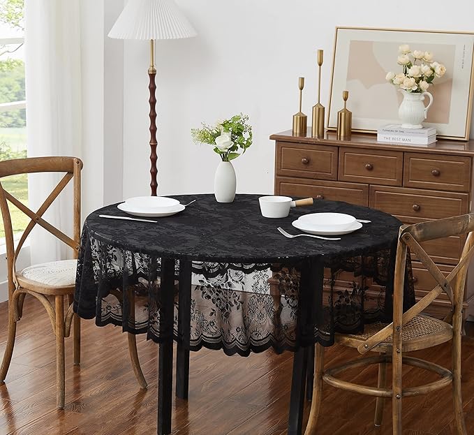 Warm Home Designs 120 Inch Round Tablecloth with English Rose Design. Use as Circle Tablecloth, Rustic or Elegant Lace Table Cloth. Black Table Cloth for 10-12 Guests. LTC Black 120