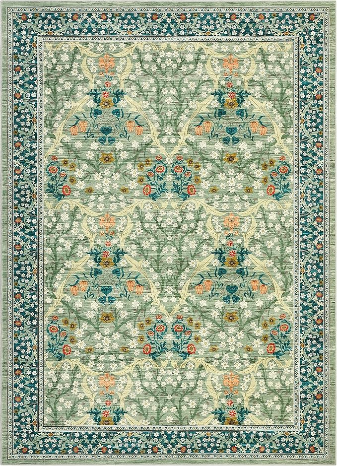GarveeHome Washable Rug for Living Room, 9x12 Large Area Rug for Dining Room Under Table, Bedroom, Floral Soft Low Pile Non Slip Stain Resistant Carpet for Nursery, Playroom, Office, Sage Green