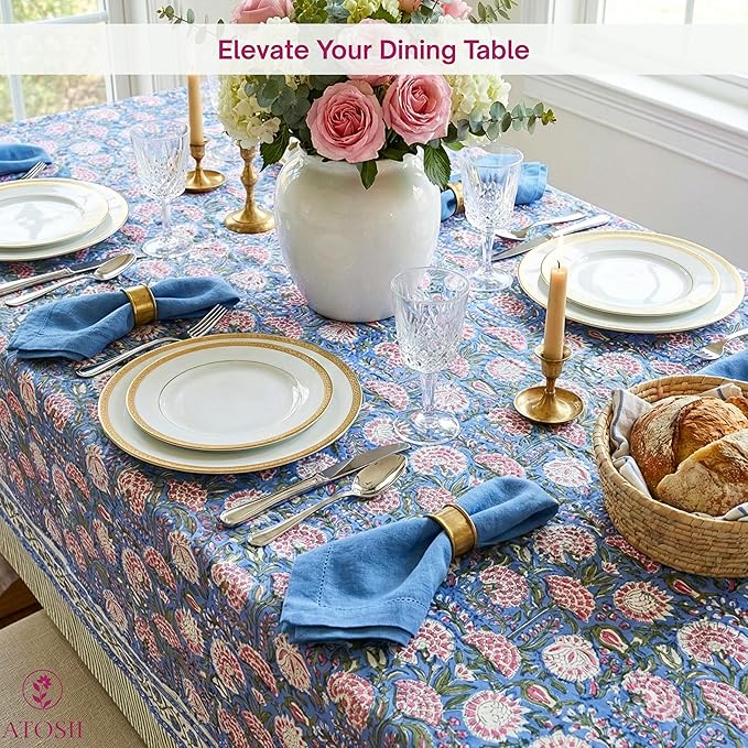 ATOSII Clover Pink 100% Cotton Fall Tablecloth, Handblock Print Rectangle Table Cover for Kitchen Dining Linen I Parties, Weddings, Outdoors, Easter Table Cloth Decor 60 X 90 Inches I 6 Seater