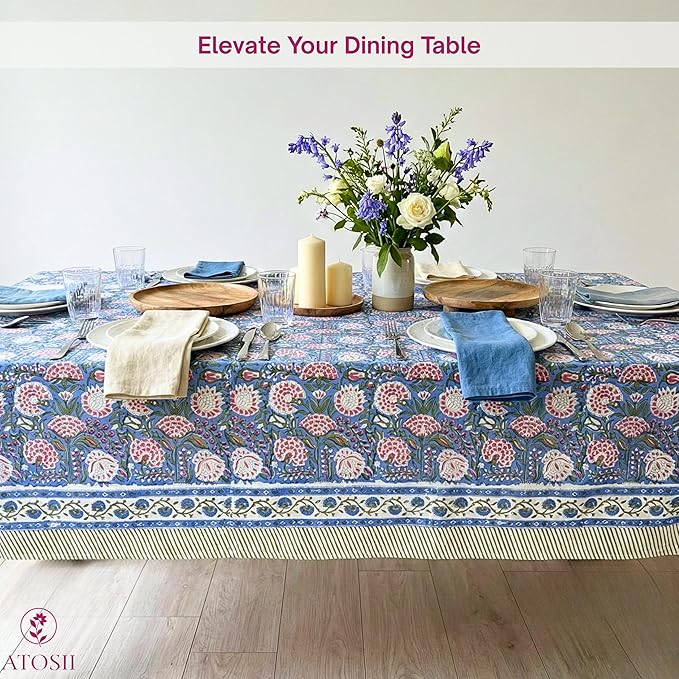ATOSII Clover Pink 100% Cotton Square Boho Fall Tablecloth, Handblock Floral Table Cloth Linen for Kitchen Dining I Parties Wedding Outdoors Picnic Easter I Home Decor 60 X 60 Inches I 4 Seater