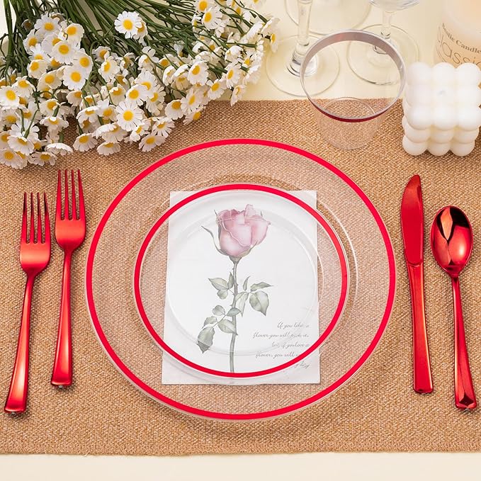 BESTSTAR 200PCS Red and Clear Plastic Plates, Disposable Plate Set with 100 Dinner Plate and 100 Dessert Plates for Party, Christmas, Valentine's Day