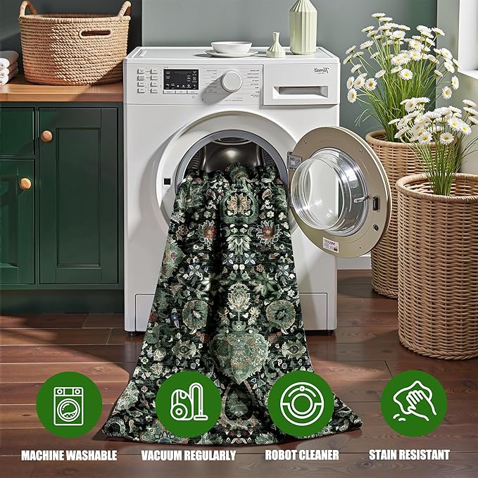 Runner Rugs 2x7 Boho Washable Area Rugs for Entryway Bathroom Kitchen, Long Rugs for Hallway Soft Low Pile Non-Slip Rubber Backing Oriental Dark Green