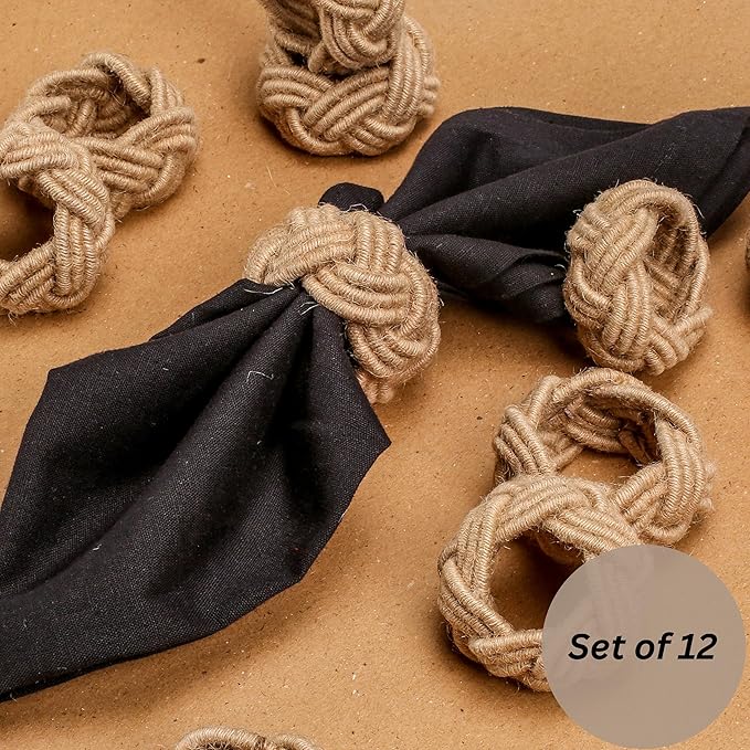 ALPHA Living HOME Round Jute Woven Napkin Rings, Water Hyacinth Easter Napkin Rings Set of 12 Napkins Holder for Elegant Table Decoration, Christmas Table Decor, Wedding Decor (Brown)