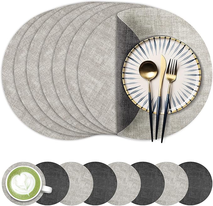 13-Inch Faux Leather Round Placemats Set of 8, Waterproof Anti-Slip Dual Sided Place mats, Heat Resistant Washable Table Mats with Coaster, Suitable for Indoor & Outdoor (8, Black Light Gray)