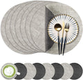 13-Inch Faux Leather Round Placemats Set of 8, Waterproof Anti-Slip Dual Sided Place mats, Heat Resistant Washable Table Mats with Coaster, Suitable for Indoor & Outdoor (8, Black Light Gray)
