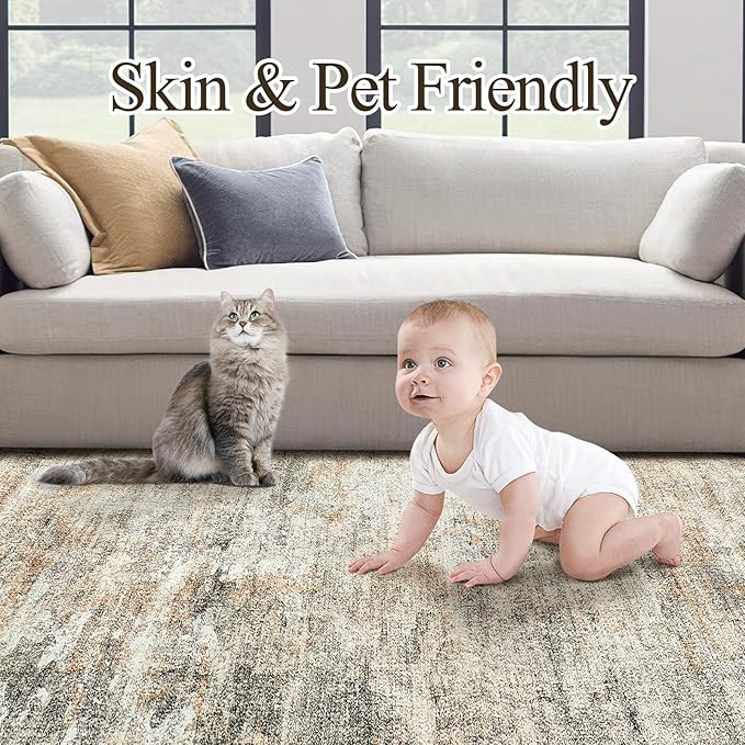 9x12 Area Rugs for Living Room, Non-Slip Machine Washable Vintage Rugs, Abstract Low Pile Lightweight Large Rug for Bedroom, Dining Room, Home Office Orange