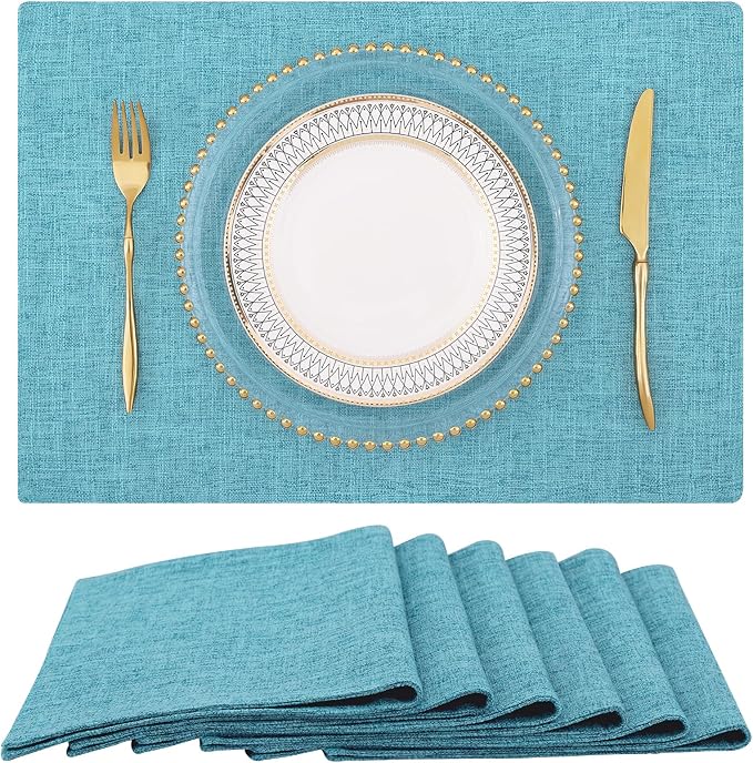 homing Cotton Linen Placemats Set of 6, Cloth Washable Farmhouse Dining Table Mats for Indoors & Outdoors, Easy to Clean, Light Blue, 13 x 19 Inch