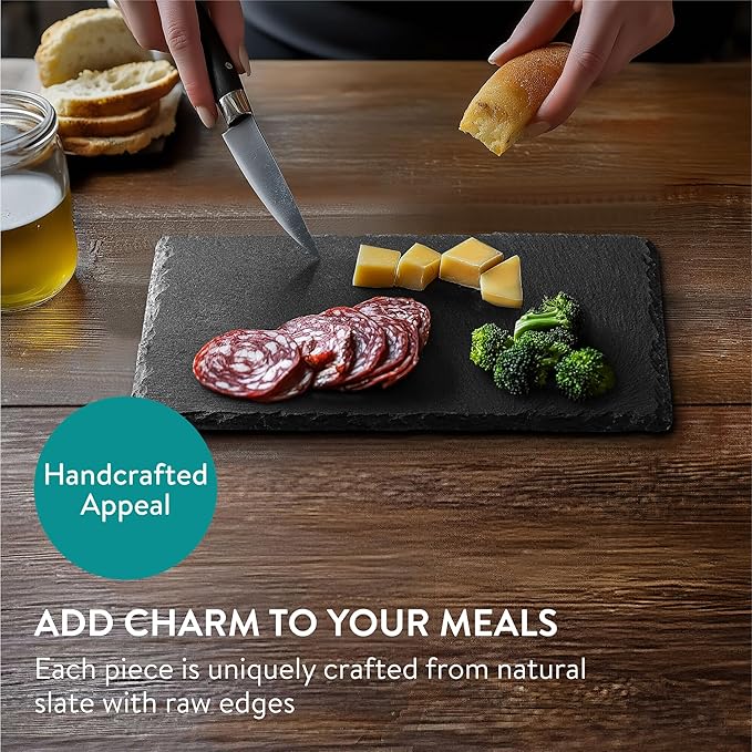 Navaris Slate Plates - Food Contact Safe Black Stone Plates - Cheese Platter Charcuterie Boards Serving Plates - Stone Slab Plate Cheese Board - Set of 6-9.1 x 5.9 (23 x 15cm)