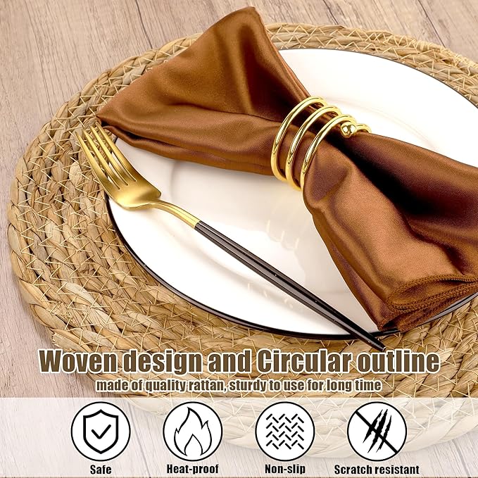 Kochorie Set of 60 Round Woven Placemats 13.8 Inches Bulrush Placemats Natural Hand-Woven Boho Rattan Placemat Wicker Table Mats Farmhouse Weave Place Mats for Home Dining
