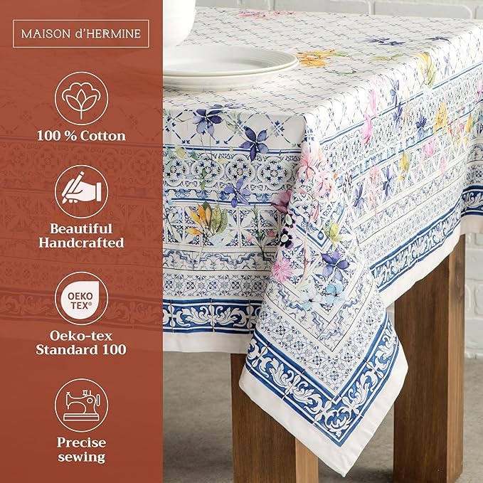 Maison d' Hermine Table Cloth Square Table 100% Cotton 54 x 54 Inches Tablecloth Reusable Decorative for Dining Room Farmhouse Home Valentines Day Decorations Spring Summer - Faience