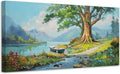 Anolyfi Lake Canvas Wall Art Landscape Painting, Green Tree and Boat Nature Print Wall Art Decor Mountain Artwork Framed for Living Room Bedroom Dining Room Office Home Decor 40"x20"