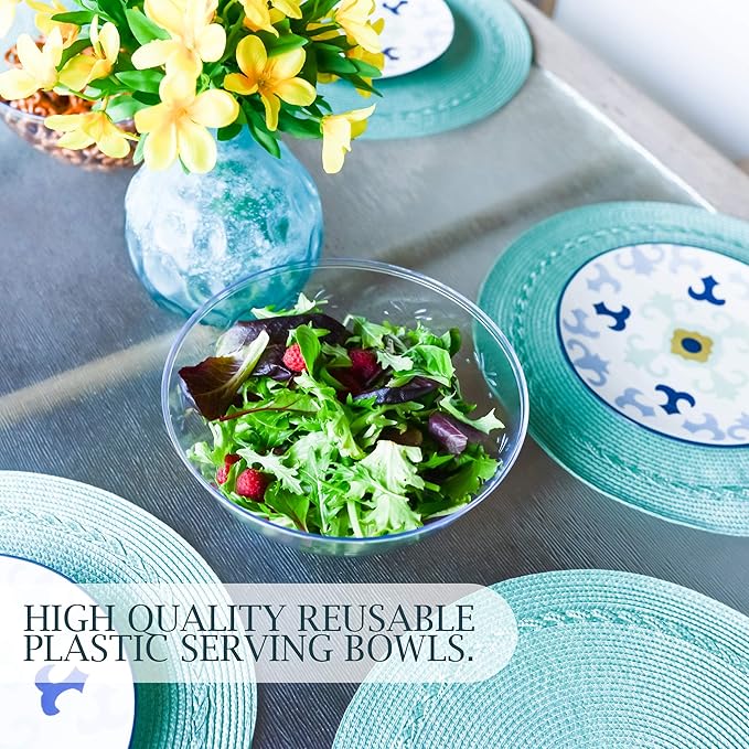 PLASTICPRO Disposable Round Serving Bowls, Party Snack or Salad Bowl, Medium Plastic Crystal Clear Pack of 8