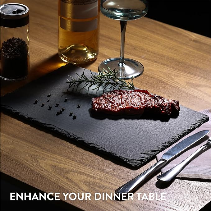Navaris Slate Plates - Food Contact Safe Black Stone Plates - Cheese Platter Charcuterie Boards Serving Plate - Stone Slate Slab Cheese Board - Set of 8-11.8" x 7.9" (30 x 20cm)