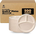 GUSTO [Case of 500 9 Inch Heavy-Duty 100% Compostable, 3 Compartment Eco-Friendly, Kraft Disposable Sugarcane Paper Plates - Brown Unbleached (Formerly Comfy Package)