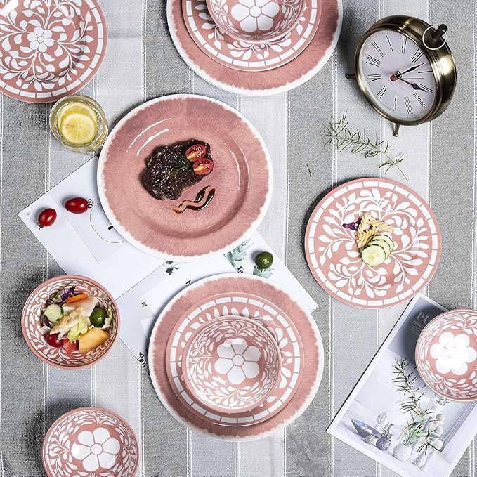 Melamine Dinnerware Sets - 12 Pcs Plates and Bowls Set,Unbreakable Dinner Dishes Set for 4,Lightweight, Dishwasher Safe, BPA Free,Indoor Outdoor use, Pink
