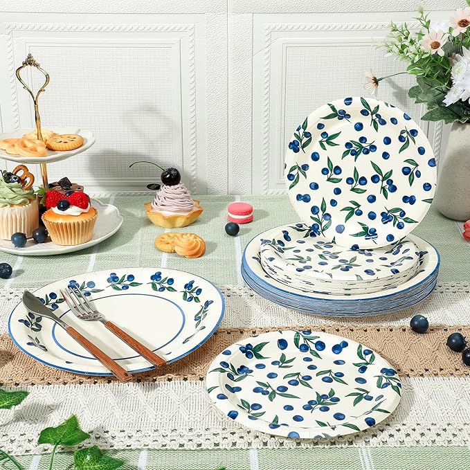 48 Pcs Blueberry Harvest Plates Set Include 9 Inch and 7 Inch Spring Watercolor Disposable Plates Summer Decorative Dinner Birthday Party Tableware for Baby Shower Party Supplies