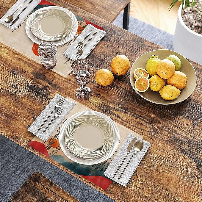 Mid Century Table Placemats Set of 6, Waterproof Linen Fabric, Non-Slip Backing & Easy Clean, Elegant Dining Table Protectors for Family and Guests(Abstract Sun)