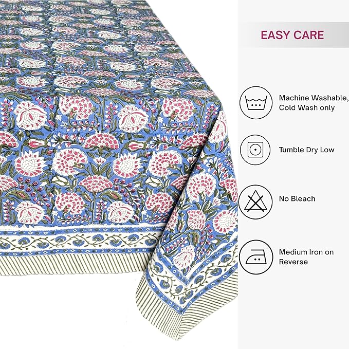 ATOSII Clover Pink 100% Cotton Rectangle Boho Fall Tablecloth, Handblock Floral Table Cloth Linen for Kitchen Dining I Parties Wedding Outdoors Christmas Thanksgiving I 72 X 108 Inches I 8 Seater