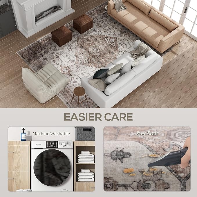 HOMCOM Washable Area Rug, 8'x10' Vintage Indoor Distressed Carpet, Retro Floor Cover Foldable, Floral Print Mat for Living Room, Bedroom, Dining Room, Tan