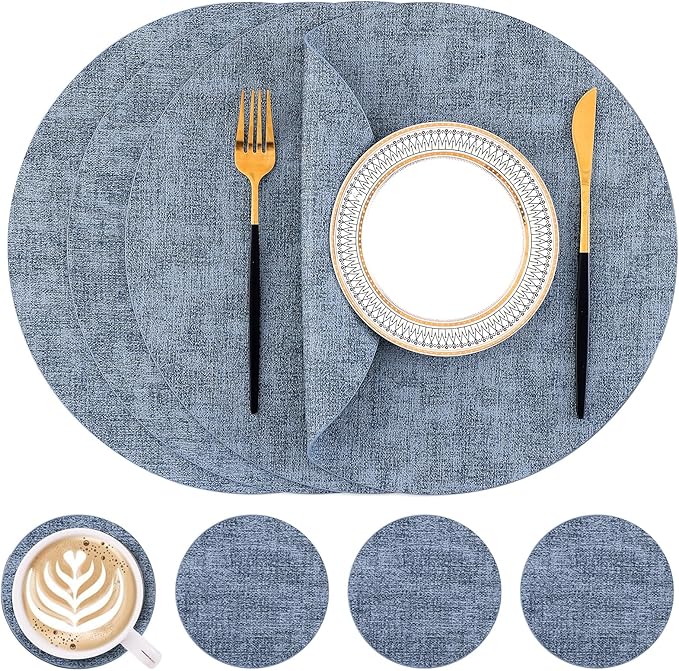 Homaxy Round Faux Leather Placemats and Coasters, Washable Dual-Side Table Mats, Wipeable Heat-Resistant Dining Place Mats for Outdoor and Indoor, Set of 4, Diameter 13 and 3.93 inch, Blue