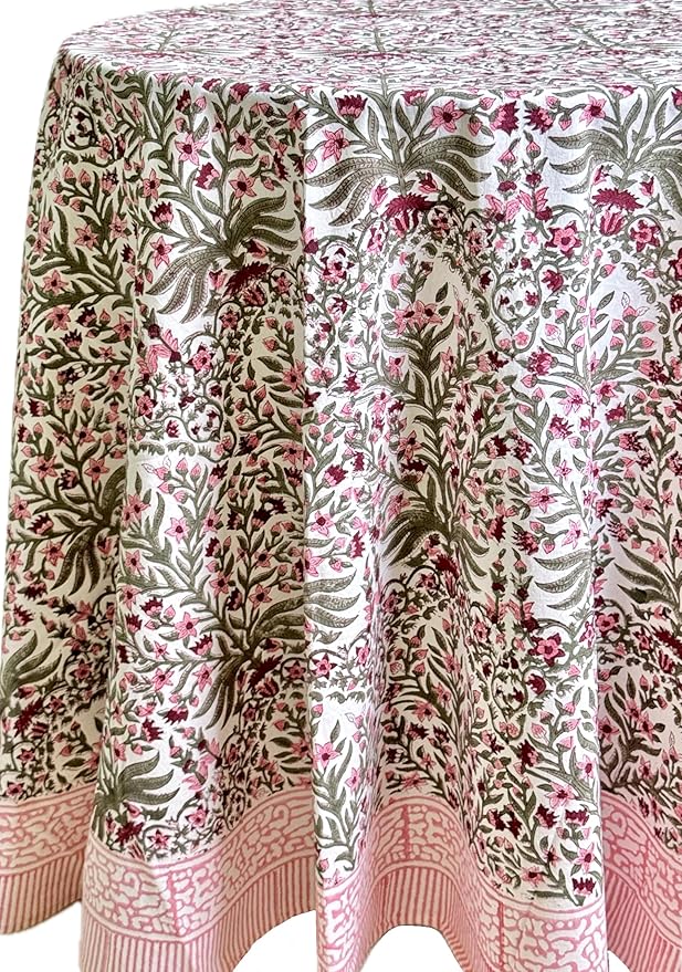 ATOSII Nargis Pink 100% Cotton Round Block Print Summer Tablecloth, Floral Table Cloth Linen for Dining Parties Weddings Outdoors Holidays I 60" Inches Round, 4 Seater I Grandmillennial Farmhouse Boho