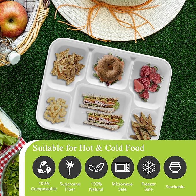 three leaf 6 Compartment Bagasse Tray 400 Ct. Heavy Duty, Super Strong,Eco Friendly Disposable Bagasse Plates,100% Biodegradable Plates, Microwave and Freezer Safe, Ideal for Party, Dinner and Picnic